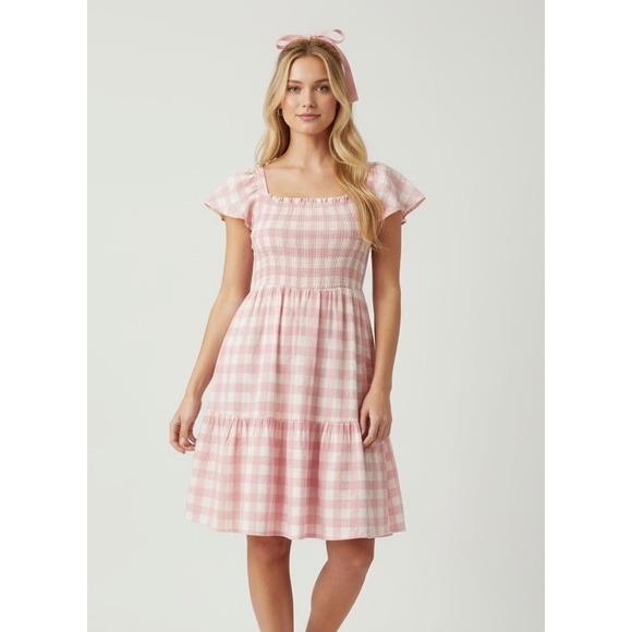 Old Navy Pink White Gingham XXL Smocked Square Neck Flutter Sleeve‎ Dress - Picture 2 of 8